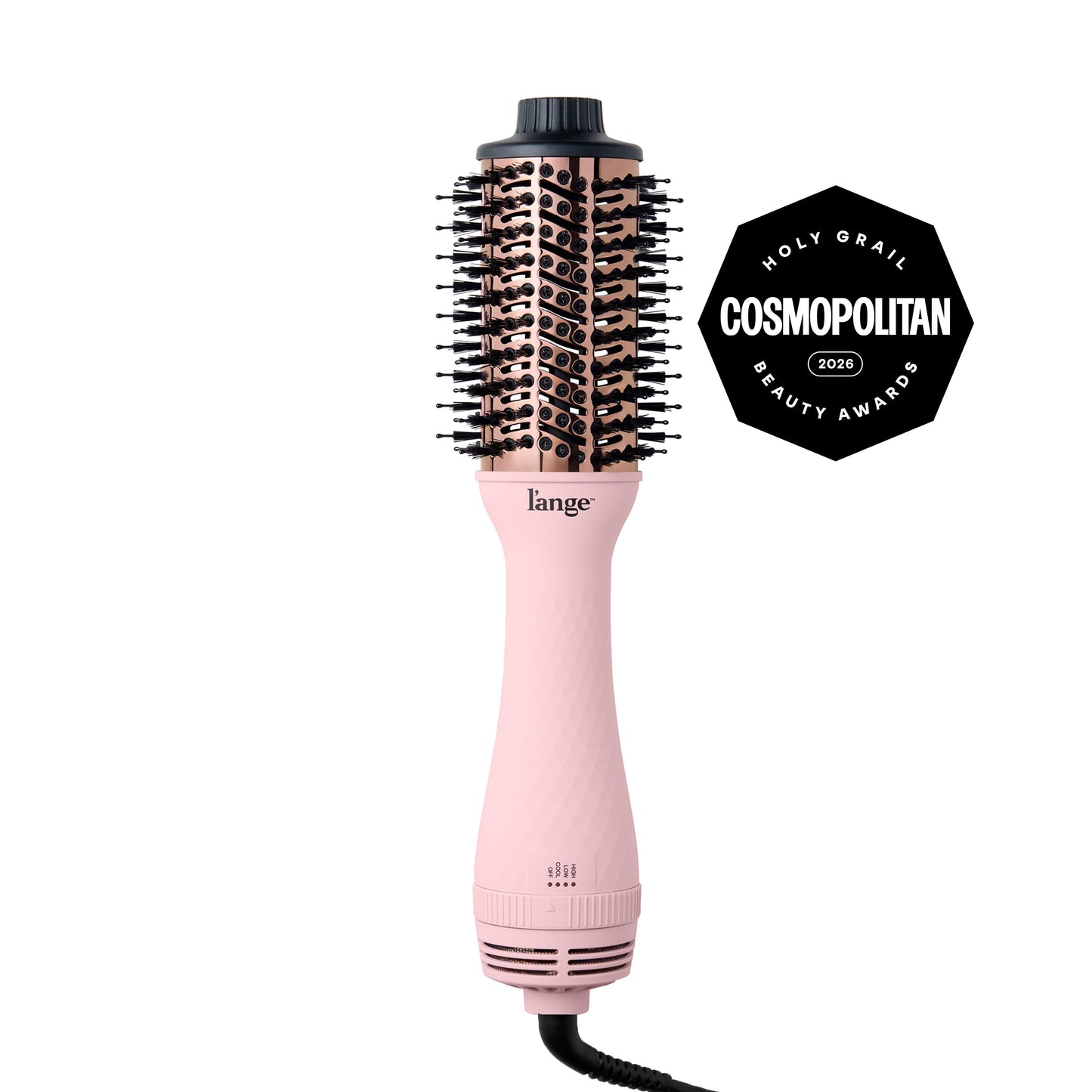L'ange Le Volume 60MM Blush hair volumizing brush dryer, displayed on a white background, featuring a Cosmopolitan Holy Grail Beauty Awards 2026 badge